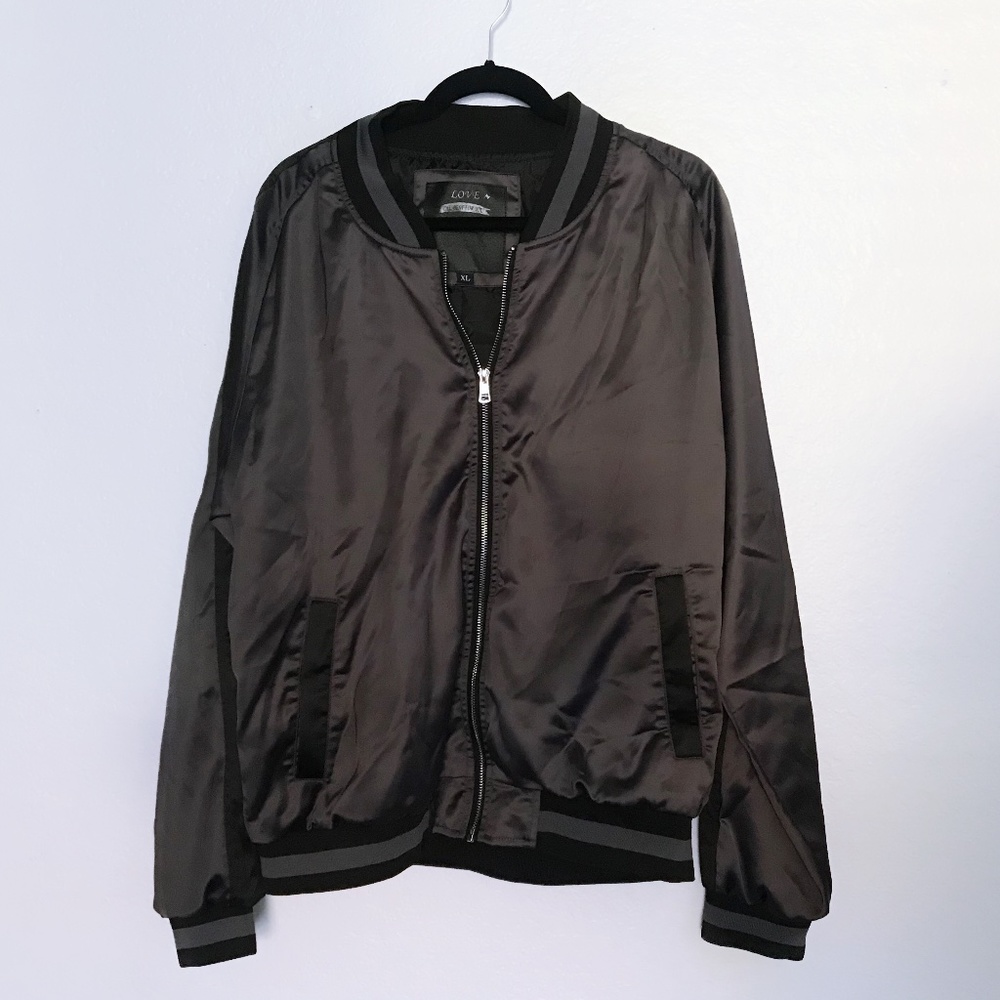 basic unisex mens gray satin bomber jacket